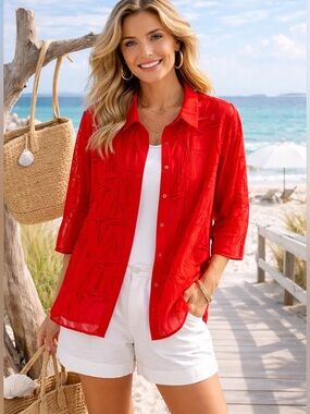 Alfred Dunner Size 12 Petite Red Sailboat Sheer Blouse Button-Up Mid Sleeve EUC!